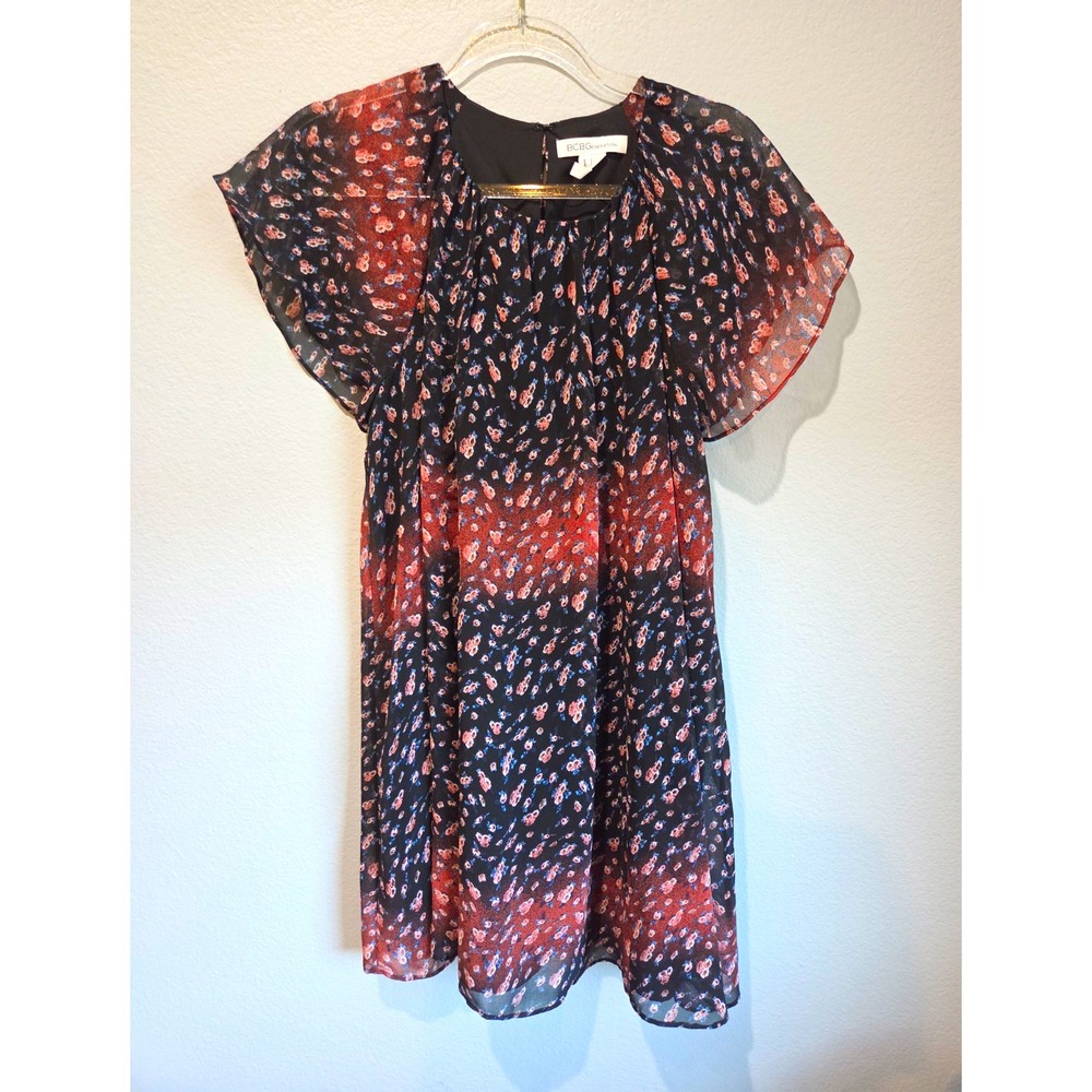 BCBGeneration M Black/Rust Floral Chiffon Shift Dress Round Neck Flutter Sleeve